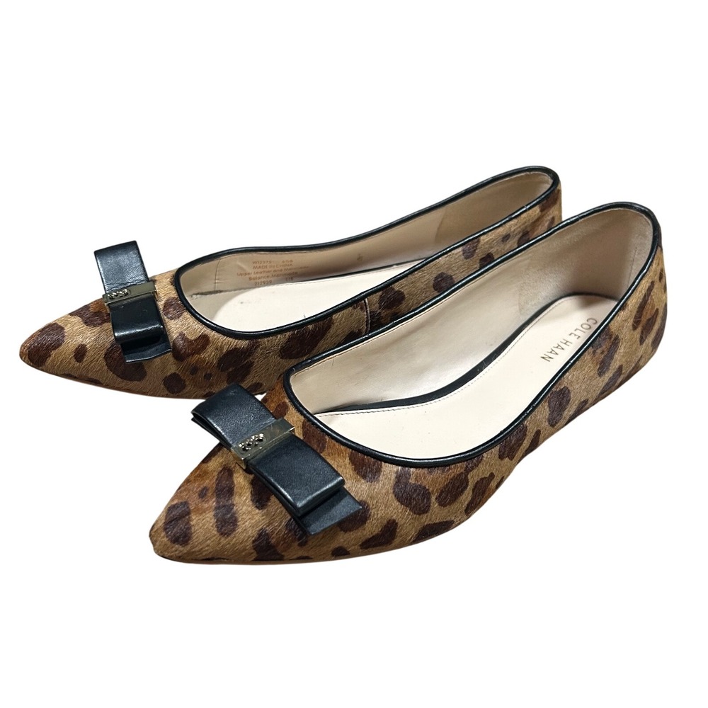 Cole Hann Flats Womens 6.5 Leopard Print Real‎ Calf Hair Slip On Pointy Toe Bow